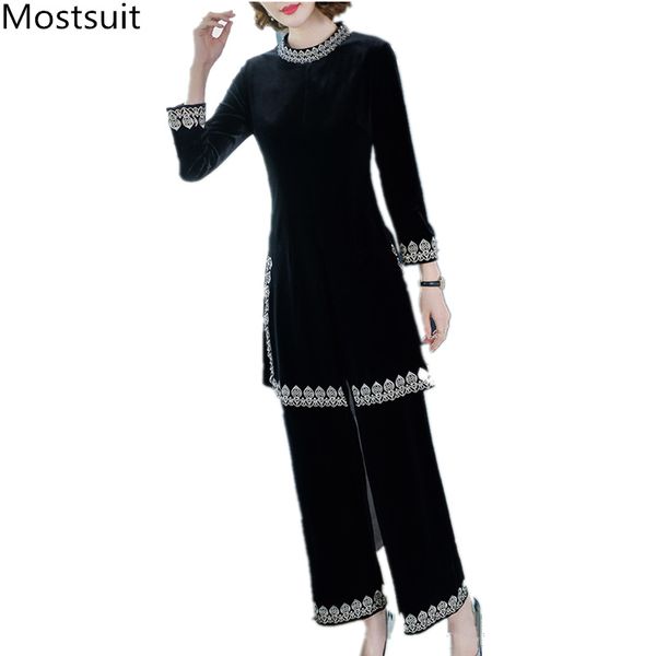 vintage black velvet 2 piece sets women floral embroidered long and wide leg pants suits plus size casual women's 210518, White
vintage black velvet 2 piece sets women floral embroidered long and wide leg pants suits plus size casual women's 210518, White