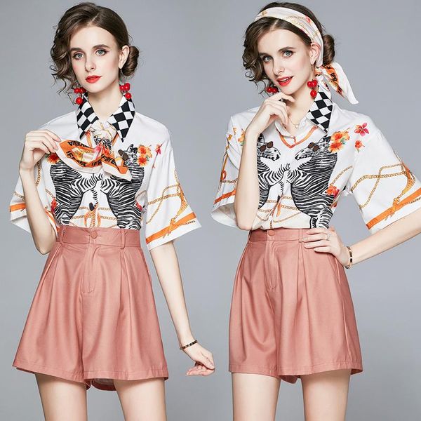 women's tracksuits summer fall runway 2pcs womens ladies sets retro vintage print collar bow short sleeve shirt blouse shorts suits out, Gray
women's tracksuits summer fall runway 2pcs womens ladies sets retro vintage print collar bow short sleeve shirt blouse shorts suits out, Gray