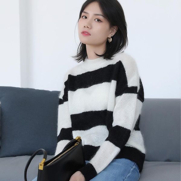 winter2021 women's clothing knitted cardigan striped sweater fashion pullover women round collar blouse sweaters, White;black
winter2021 women's clothing knitted cardigan striped sweater fashion pullover women round collar blouse sweaters, White;black