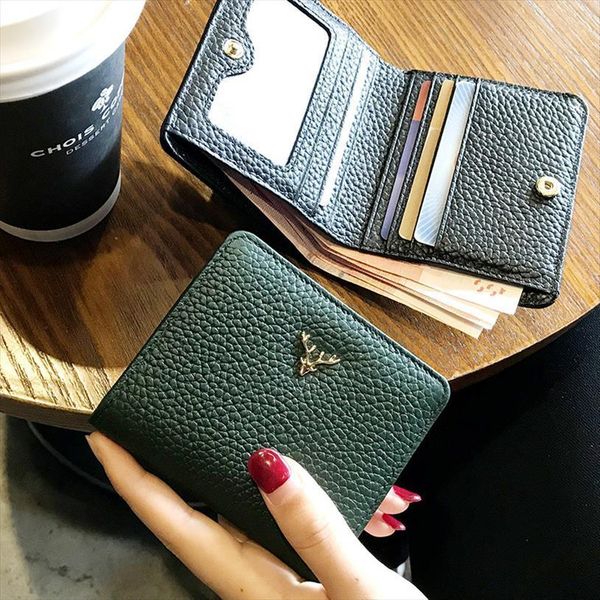 leather small folding wallet womens short ultra thin mini fashion, Red;black