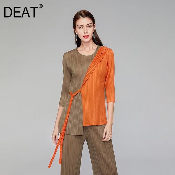 women's t-shirt deat pleated women hit color orange lacing slim round collar patchwork wild casual 2021 summer fashion ht318, White
women's t-shirt deat pleated women hit color orange lacing slim round collar patchwork wild casual 2021 summer fashion ht318, White