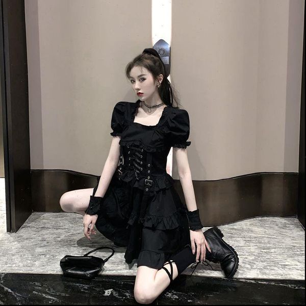 japanese vintage harajuku elegant dark women dresses black summer sweet lace up slim square collar puff sleeve dress female, Black;gray
japanese vintage harajuku elegant dark women dresses black summer sweet lace up slim square collar puff sleeve dress female, Black;gray
