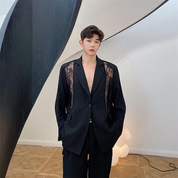 men's suits & blazers men hollow lace patchwork casual suit jacket stage fashion show male women loose blazer coat autumn 2021 outwear, White;black
men's suits & blazers men hollow lace patchwork casual suit jacket stage fashion show male women loose blazer coat autumn 2021 outwear, White;black