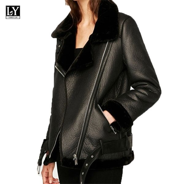 ly varey lin winter women faux sheepskin coats thicken faux leather lambs wool fur jacket black motorcycle female outwear 220112