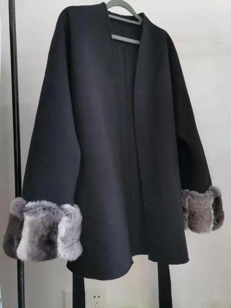 women's fur & faux arlenesain double face cashmere 85cm length women coat with big and wide chinchilla sleeves, Black
women's fur & faux arlenesain double face cashmere 85cm length women coat with big and wide chinchilla sleeves, Black