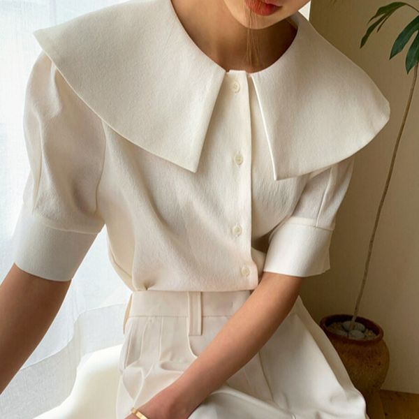 style elegant gentle summer big lapel stitching loose casual solid color single-breasted short-sleeved shirt 6f1322 210510, White
style elegant gentle summer big lapel stitching loose casual solid color single-breasted short-sleeved shirt 6f1322 210510, White