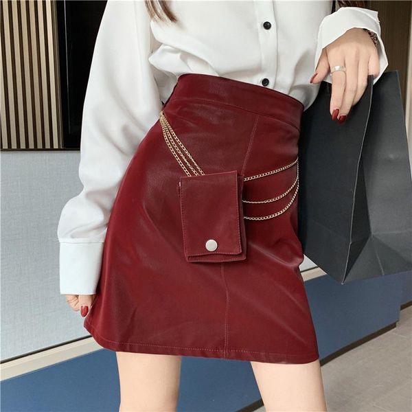 women leather pu skirt casual metal chain small packet high waist short skirts vintage ladies a line bodycon mini saias, Black
women leather pu skirt casual metal chain small packet high waist short skirts vintage ladies a line bodycon mini saias, Black
