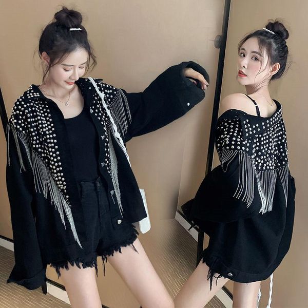 women's jackets 2021 autumn denim jacket women overcoat streetwear hand-studded rivet tassel jeans loose black coats outerwear p725, Black;brown
women's jackets 2021 autumn denim jacket women overcoat streetwear hand-studded rivet tassel jeans loose black coats outerwear p725, Black;brown