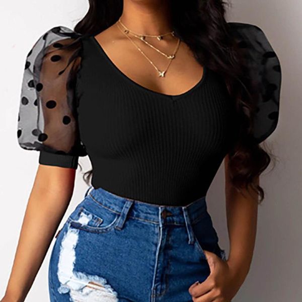 women's t-shirt summer t shirt knit slim fit skinny tee point mesh puff sleeve elastic perspective short, White
women's t-shirt summer t shirt knit slim fit skinny tee point mesh puff sleeve elastic perspective short, White