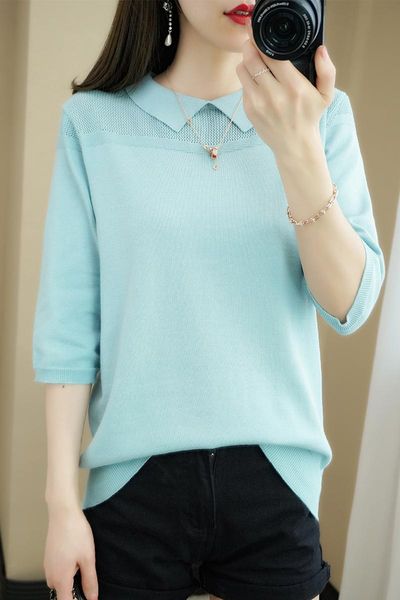 women's t-shirt short-sleeved sweater regular loose solid color lapel worsted cotton knitted hollow pullover tees spring autumn, White
women's t-shirt short-sleeved sweater regular loose solid color lapel worsted cotton knitted hollow pullover tees spring autumn, White