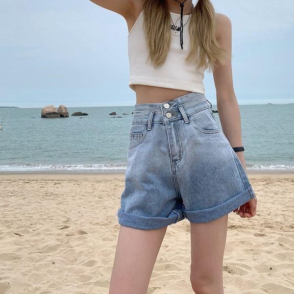 women's shorts gradient denim navy blue short jeans black double button high waist 2021 a-line loose pants, White;black
women's shorts gradient denim navy blue short jeans black double button high waist 2021 a-line loose pants, White;black