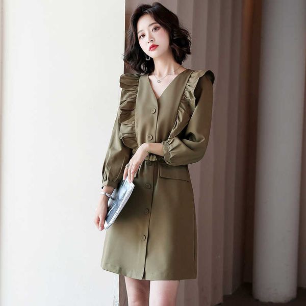 2021 autumn women's korean slim v-neck ruffle stitching medium length drs yr9082, Black;gray
2021 autumn women's korean slim v-neck ruffle stitching medium length drs yr9082, Black;gray