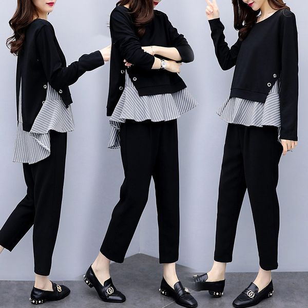 black two piece set women striped splicing long sleeve and harem pants sets casual office korean ladies suits 201008, White
black two piece set women striped splicing long sleeve and harem pants sets casual office korean ladies suits 201008, White