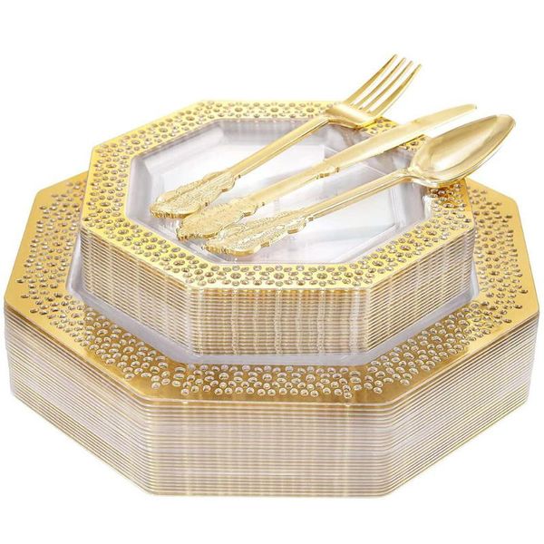 disposable dinnerware 50 pieces of golden party tableware set table decoration octagonal plastic plate wedding birthday supplies
disposable dinnerware 50 pieces of golden party tableware set table decoration octagonal plastic plate wedding birthday supplies