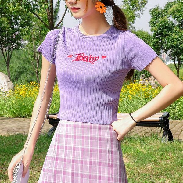 women's t-shirt color matching letter embroidery knitted short-sleeved women slim thin all-match top, White
women's t-shirt color matching letter embroidery knitted short-sleeved women slim thin all-match top, White