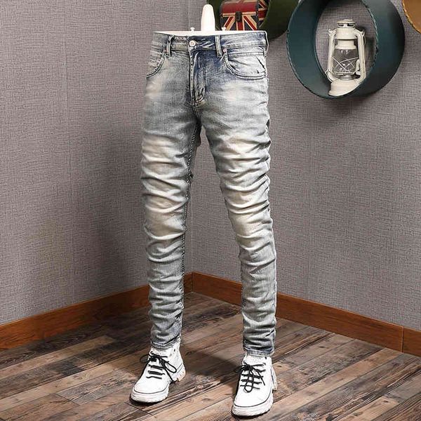 jeans italian style fashion elastic cotton slim fit ripped jeans men retro vintage designer denim pencil pants, Blue
jeans italian style fashion elastic cotton slim fit ripped jeans men retro vintage designer denim pencil pants, Blue