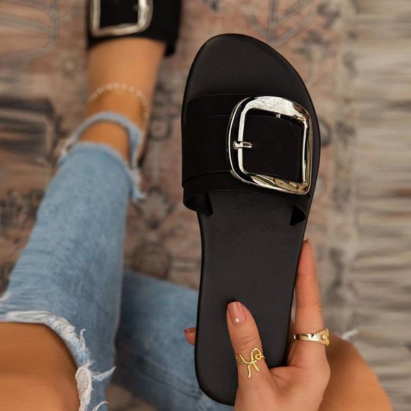 new women casual slipper comfortable outdoor beach solid female flat shoes metal button ladies slides open round toe shoes, Black
new women casual slipper comfortable outdoor beach solid female flat shoes metal button ladies slides open round toe shoes, Black