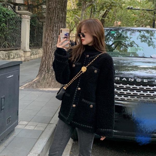 women's fur & faux women korean fashion elegant coat autumn winter casual loose small fragrant wind lamb wool jacket outwear, Black
