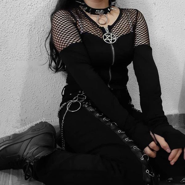 gothic punk vintage pentagram zip up long sleeve black crop t shirt women streetwear hollow out goth cropped women's t-shirt, White 
gothic punk vintage pentagram zip up long sleeve black crop t shirt women streetwear hollow out goth cropped women's t-shirt, White