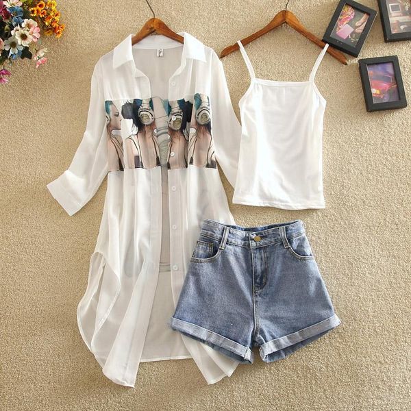 two piece dress summer women sets three pieces printed blouse and wide leg denim shorts lady casual suits quality, White
two piece dress summer women sets three pieces printed blouse and wide leg denim shorts lady casual suits quality, White