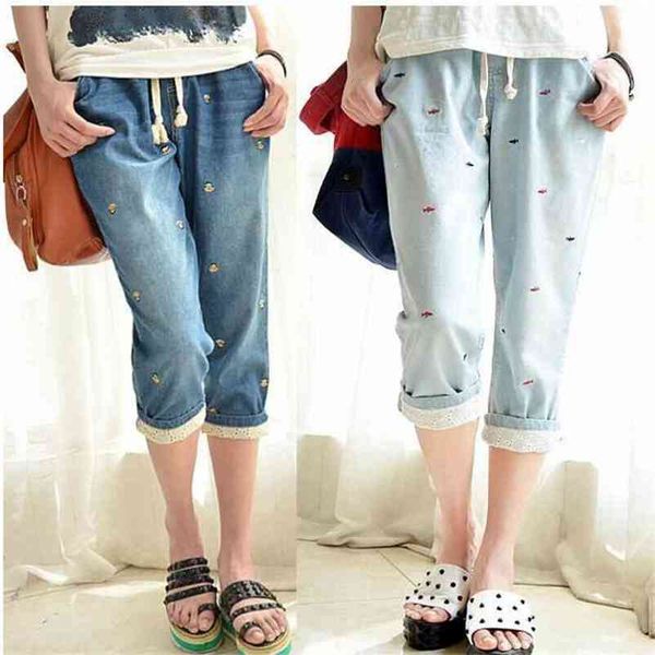 summer the fashion casual loose large code embroidered jeans elastic waist seven points pants female 210527, Blue
summer the fashion casual loose large code embroidered jeans elastic waist seven points pants female 210527, Blue