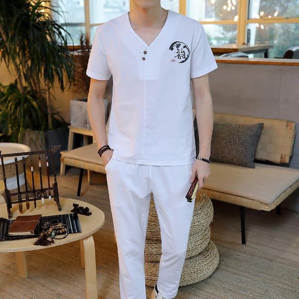 men's tracksuits embroidery mens two-piece 2021 summer cotton and linen short-sleeved men tshirt with drawstring strap ankle length pan, Gray
men's tracksuits embroidery mens two-piece 2021 summer cotton and linen short-sleeved men tshirt with drawstring strap ankle length pan, Gray