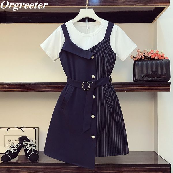 fashion summer women's short sleeve simple white tshirt + suspender striped patchwork dress ladies 2 pieces sets 210525
fashion summer women's short sleeve simple white tshirt + suspender striped patchwork dress ladies 2 pieces sets 210525