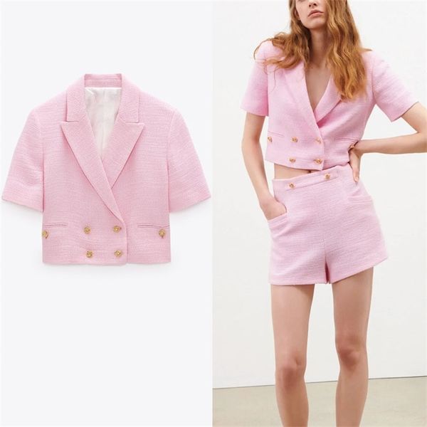 women pink textured weave cropped blazer spring elegant short sleeve office lady coat blazers woman double button 210524, White;black
women pink textured weave cropped blazer spring elegant short sleeve office lady coat blazers woman double button 210524, White;black
