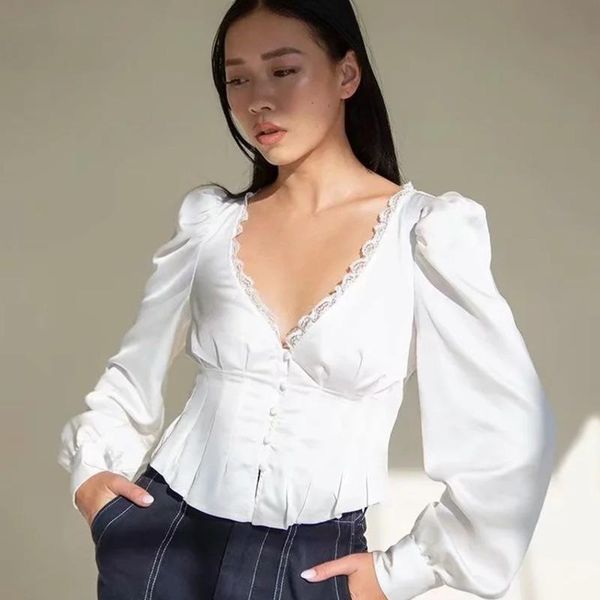 women's t-shirt tvvovvin fashion short lace shirt single breasted v-neck bubble sleeve pleated solid color slim jrtr, White
women's t-shirt tvvovvin fashion short lace shirt single breasted v-neck bubble sleeve pleated solid color slim jrtr, White