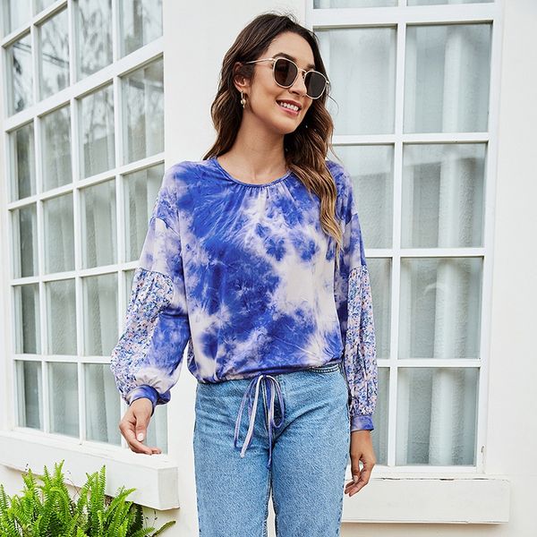 autumn long sleeve loose urban casual women's pullover elastic round neck t-shirt tie dyed printed floral splicing t-shirt, White
autumn long sleeve loose urban casual women's pullover elastic round neck t-shirt tie dyed printed floral splicing t-shirt, White