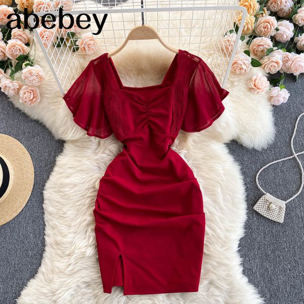 women red dress korean puff sleeve square collar slim party es summer drawstring ruched short 210512, Black;gray
women red dress korean puff sleeve square collar slim party es summer drawstring ruched short 210512, Black;gray