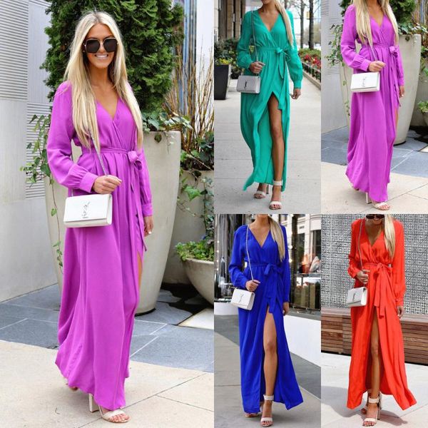 casual dresses s-xl women autumn winter sey v neck long sleeve dress sashes pure color split leisure maxi, Black;gray
casual dresses s-xl women autumn winter sey v neck long sleeve dress sashes pure color split leisure maxi, Black;gray