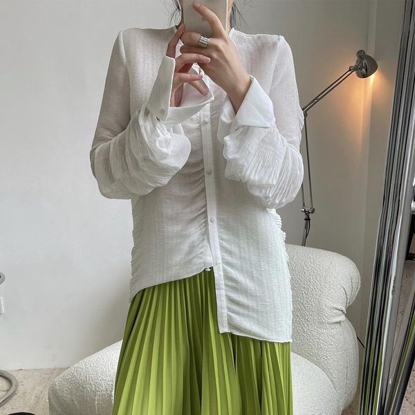 women's blouses & shirts summer casual solid color round neck long sleeve loose pleated shirt, White
women's blouses & shirts summer casual solid color round neck long sleeve loose pleated shirt, White