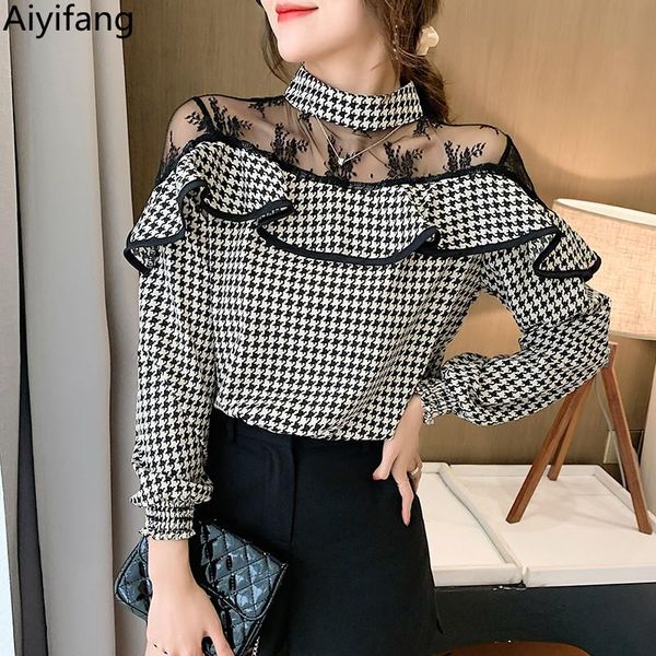 women's blouses & shirts spring sweet lady vintage houndstooth chiffon women embroidery ruffles long sleeve elegant patchwork lace shir, White
women's blouses & shirts spring sweet lady vintage houndstooth chiffon women embroidery ruffles long sleeve elegant patchwork lace shir, White