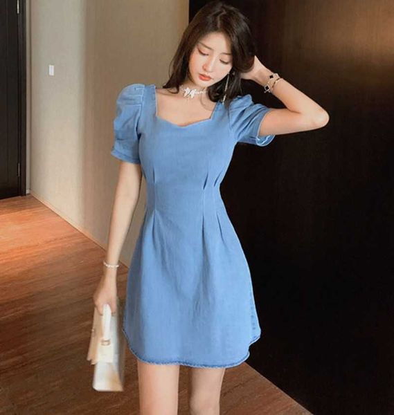 summer retro denim dress korean a-line puff sleeve solid elegant slim short 210531, Black;gray
summer retro denim dress korean a-line puff sleeve solid elegant slim short 210531, Black;gray