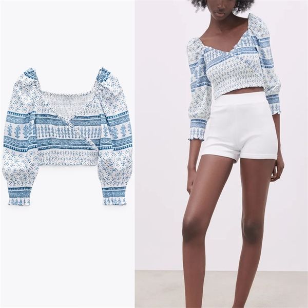 women ruched print cropped blouse long puff sleeve smocked elastic vintage summer female chic pleated blue shirts 210524, White
women ruched print cropped blouse long puff sleeve smocked elastic vintage summer female chic pleated blue shirts 210524, White