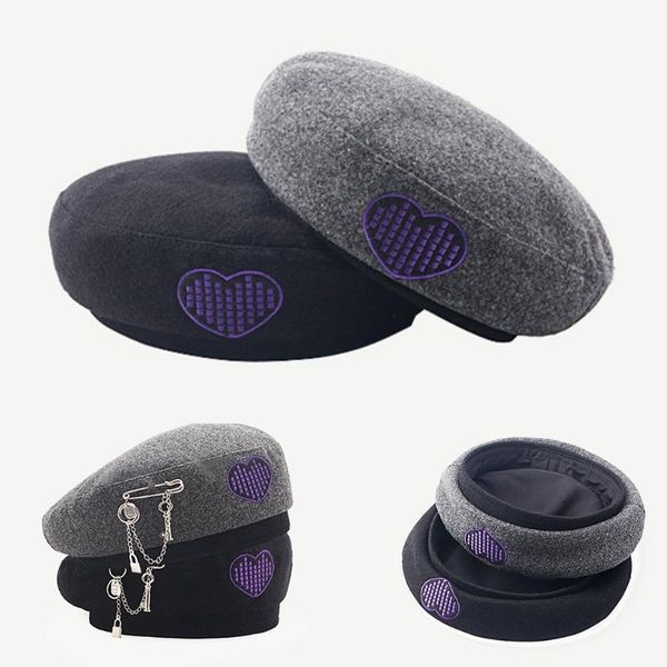 berets beret hats in british campus style with chain & embroidered heart decoration acessories for outfit, Blue;gray
berets beret hats in british campus style with chain & embroidered heart decoration acessories for outfit, Blue;gray