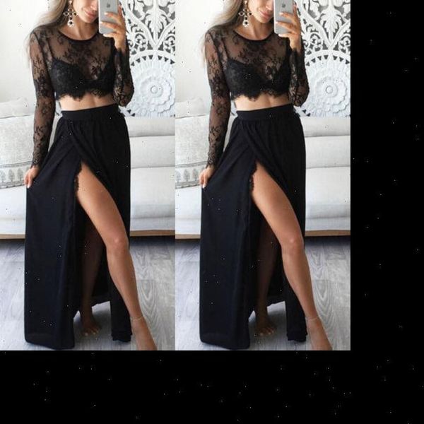 2 pieces black lace women tracksuits long sleeves slit prom dress, Gray