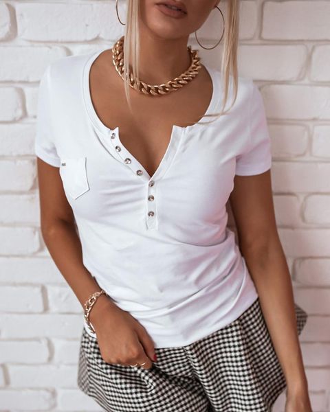 women's t-shirt 2021 summer v-neck button decor short sleeve casual v neck basic tee solid comfortable slim female top, White
women's t-shirt 2021 summer v-neck button decor short sleeve casual v neck basic tee solid comfortable slim female top, White