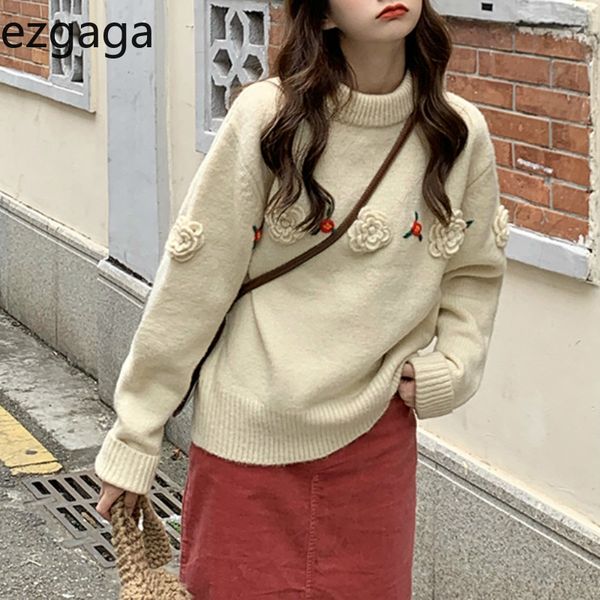 ezgaga flower sweet sweater pullover women autumn winter new o-neck korean loose outwear warm jumper ladies knitwear 210430, White;black
ezgaga flower sweet sweater pullover women autumn winter new o-neck korean loose outwear warm jumper ladies knitwear 210430, White;black