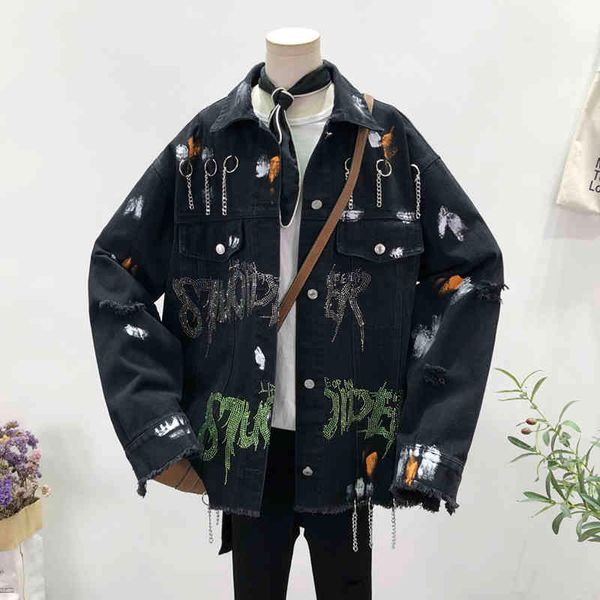 women's fur & faux fashion diamond letter denim coat women clothes spring harajuku streetwear loose chain hole jeans jacket ladies, Black
women's fur & faux fashion diamond letter denim coat women clothes spring harajuku streetwear loose chain hole jeans jacket ladies, Black