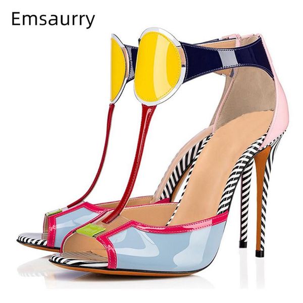 sweet jelly color peep toe gladiator sandals women stiletto heel t-strap back zip patent leather mixed summer shoes, Black
sweet jelly color peep toe gladiator sandals women stiletto heel t-strap back zip patent leather mixed summer shoes, Black