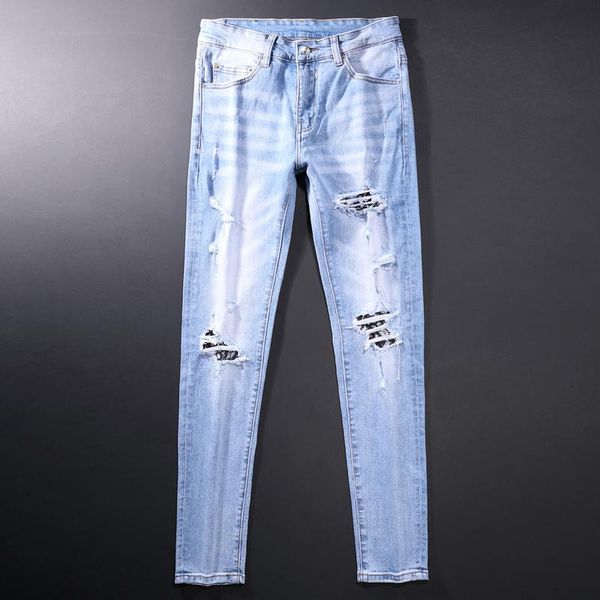 men's jeans ly streetwear fashion men retro light blue elastic slim fit ripped patches designer hip hop denim punk pants
men's jeans ly streetwear fashion men retro light blue elastic slim fit ripped patches designer hip hop denim punk pants