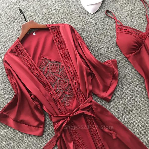 robe gown 2pcs sets satin womens sleepwears pajamas embroidery hollow out red home wear night dress with chest pads, Black;red
robe gown 2pcs sets satin womens sleepwears pajamas embroidery hollow out red home wear night dress with chest pads, Black;red