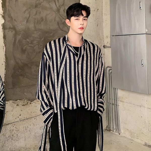 men's casual shirts men striped long sleeve ribbon design loose stripe shirt male streetwear hip hop vintage stage clothing, White;black
men's casual shirts men striped long sleeve ribbon design loose stripe shirt male streetwear hip hop vintage stage clothing, White;black