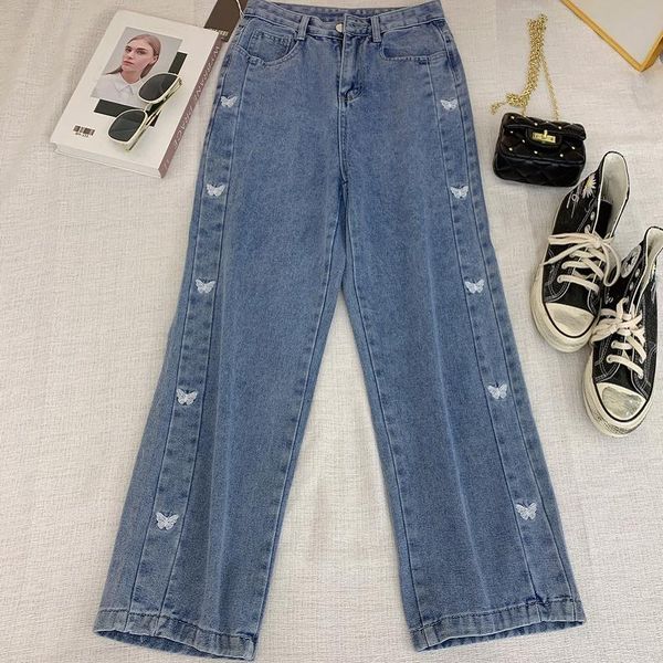 women's jeans straight handmade butterfly embroidery high waist slimming soft washed cotton wild loose casual wide-leg pants, Blue
women's jeans straight handmade butterfly embroidery high waist slimming soft washed cotton wild loose casual wide-leg pants, Blue