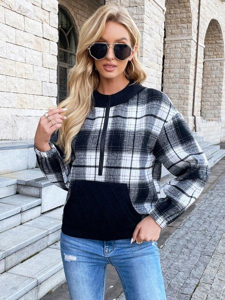 plaid half zipper kangaroo pocket drop shoulder wool-mix pullover h58t#, White;black
plaid half zipper kangaroo pocket drop shoulder wool-mix pullover h58t#, White;black