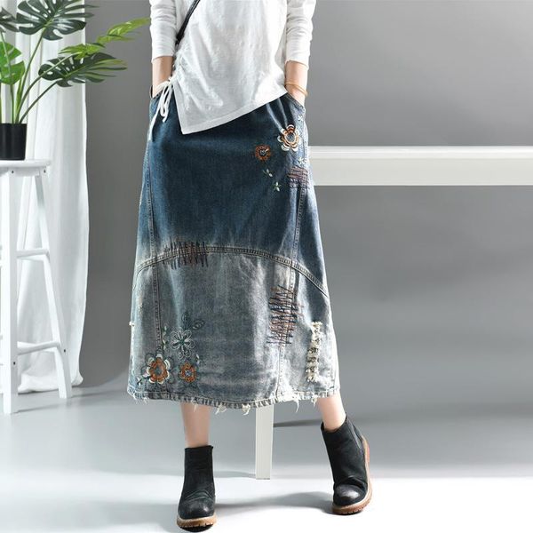 skirts women flower embroidery skirt denim spring summer retro elastic waist female pocket loose mori girl washed ripped jeans, Black
skirts women flower embroidery skirt denim spring summer retro elastic waist female pocket loose mori girl washed ripped jeans, Black