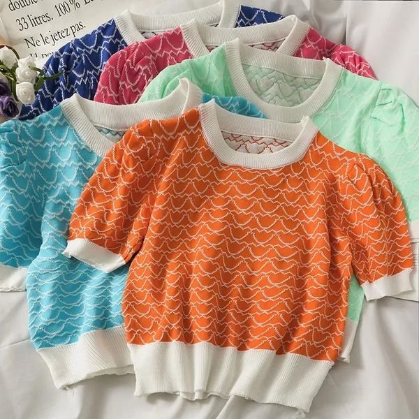 women's t-shirt t shirts women o-neck short puff sleeve thin knitted crop summer fashion knitwear female stretchy knit pullover tshirt, White
women's t-shirt t shirts women o-neck short puff sleeve thin knitted crop summer fashion knitwear female stretchy knit pullover tshirt, White