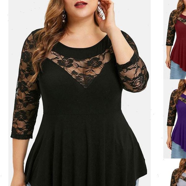 40 plus size solid women shirts floral patchwork lace o neck asymmetric three quarter blouse roupa feminina mujer, White
40 plus size solid women shirts floral patchwork lace o neck asymmetric three quarter blouse roupa feminina mujer, White